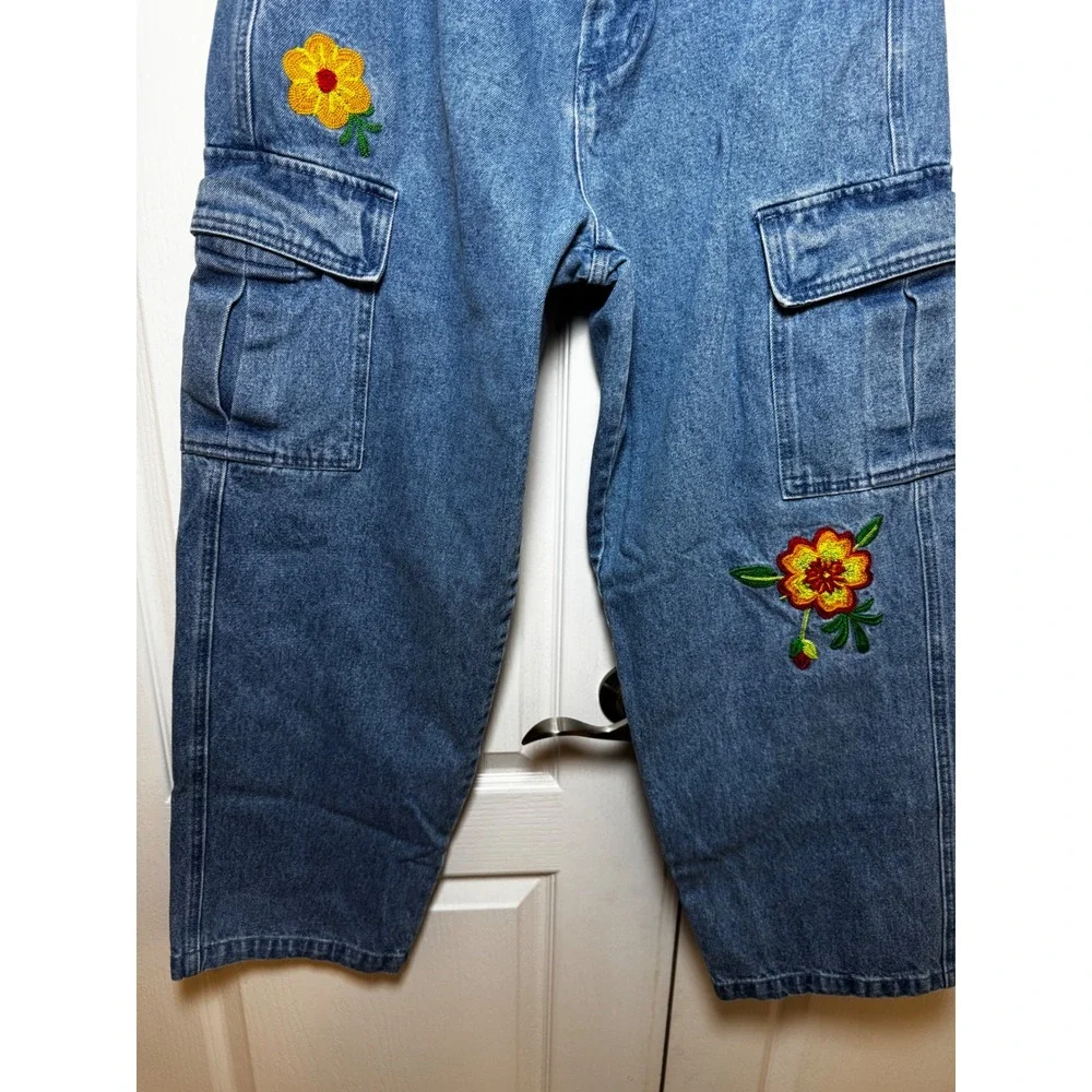 Obey Floral Embroidered Bigwig Cargo Jeans Medium Wash Wide Leg Size 30
